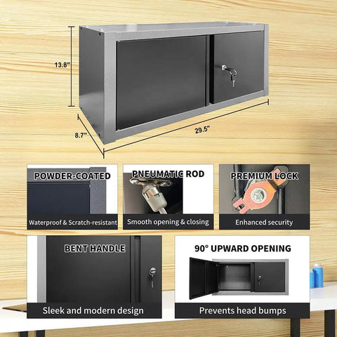 Heavy Duty Garage Storage Cabinet System With Solid Wood Workbench And Wall Mounted Pegboard Hooks For No Sweat Workshop Organization And Knockout Tool Storage Setup, features pneumatic rod and premium lock.