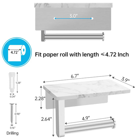 Dimensions of Toilet Paper Holder With Marble Shelf, Stainless Steel Wall Mount, SUS304 Construction, Rust Resistant.