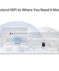 Diagram showing Wi-Fi 7 Range Extender For Home No Cap Tri-Band Wireless Repeater With 10 Gbps Speed 2.5 Gbps Ethernet EasyMesh coverage.