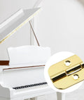 Heavy Duty Gold Iron Piano Hinges 6.3 Inch Continuous Cabinet Hardware For Kickass Furniture Builds Engineered Tough With Slick Swinging Motion And Darn Simple Assembly Sold As A Solid Six Pack on a closed piano lid.