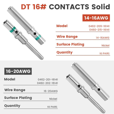 Deutsch Connector Kit Pro Grade 602 Piece Set showing DT 16# contacts for 14-16AWG and 16-20AWG with nickel plating.