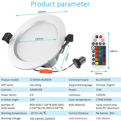6-Inch Smart LED Recessed Downlights 15W RGBCW 2700K-6500K Multicolor, App And Remote Control with remote and specs
