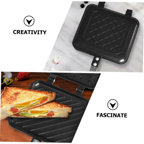 Kickstart Your Morning With This Dual-Sided Electric Mini Griddle And Waffle Maker Featuring A Non-stick Coating, Ergonomic Handle For Easy Grip, And Even Heat Distribution. Perfect Pancakes, Eggs, Or Grill veggies In No Time With Versatile Kitchen - Black non-stick electric mini griddle open with sandwich inside.