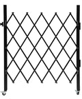 Badass Expandable Folding Security Gate 51 By 36 Inch Black Rugged Steel Diamond Grid Door in closed position.