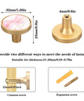 Pink Gilded Marble Cabinet Knobs Set Of 4, Round 1-1/4 Inch Dresser And Kitchen Cabinet Pulls, shows screw options and dimensions.