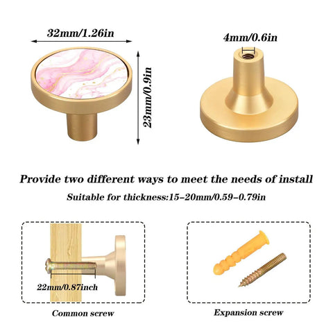 Pink Gilded Marble Cabinet Knobs Set Of 4, Round 1-1/4 Inch Dresser And Kitchen Cabinet Pulls, shows screw options and dimensions.