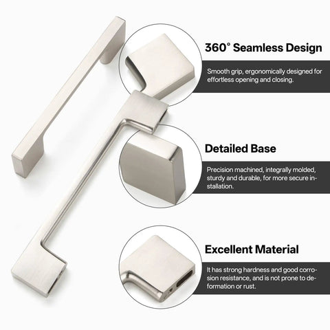 Close-up of 10 Pack Classic Cupboard Cabinet Handles for Kitchen Drawers, Modern Pulls in Brushed Nickel showing seamless design and material