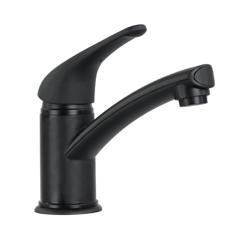 Single Lever Bathroom Faucet With Extended Roman Spout And Blade Handle In Black Matte, One-Hole Install With Mounting Ring