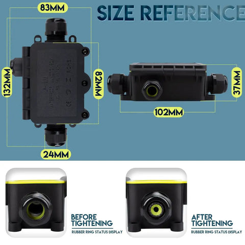 Outdoor Waterproof Electrical Junction Box IP68 3-Way Cable Connector For 5 to 12mm And 3.5 to 10mm Wires, 20A Terminal Block, Built To Last Rugged Weatherproof Box For Outdoor Installations. size reference with 83mm, 132mm, 102mm and 37mm measurements