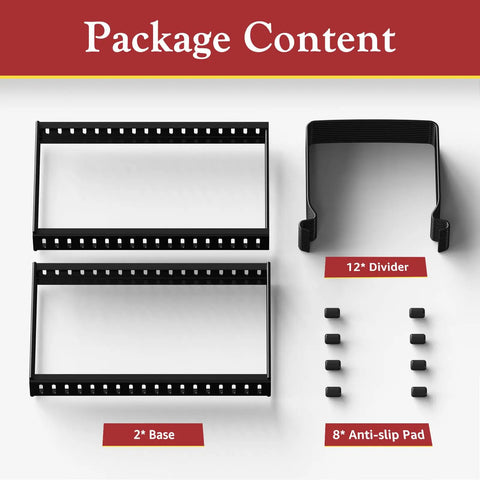 Package contents of Two Pack Adjustable Cutting Board Organizer With 12 Dividers And Anti Slip Pads For Kitchen Cabinet Storage, Black