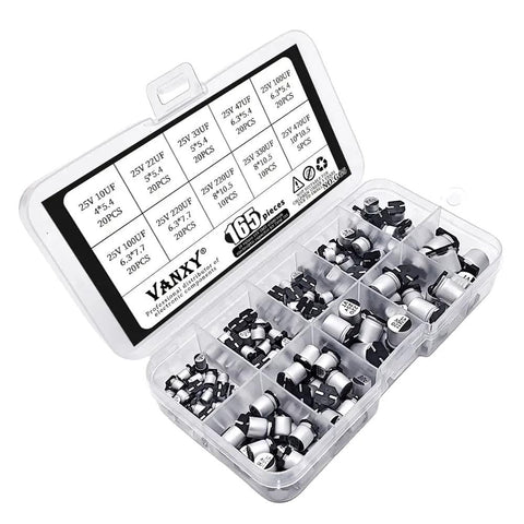 Totally DIY Friendly 165 Piece 25V SMD Aluminum Electrolytic Capacitor Kit With 10 Values From 10uF To 470uF For PCB Builds And Repairs