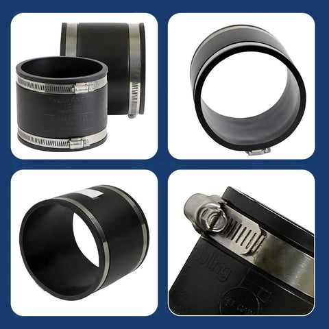 Smooth Operator 5 Inch Black Flex Coupling on a blue background showing flexible connections for drain waste vent lines.