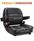 Universal Forklift And Tractor Seat With Micro Switch, Armrest And Safety Belt for equipment, dimensions displayed