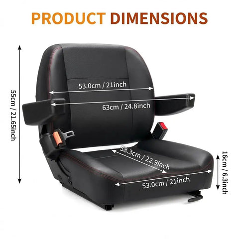 Universal Forklift And Tractor Seat With Micro Switch, Armrest And Safety Belt for equipment, dimensions displayed