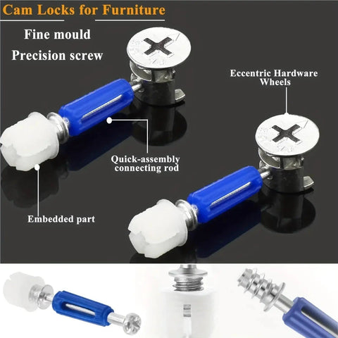 Heavy Duty Cam Lock Fastener Kit With Wood Dowels Bolts And Screws That Make Any Furniture Project A Total Breeze showing precision cam locks and connecting rods.