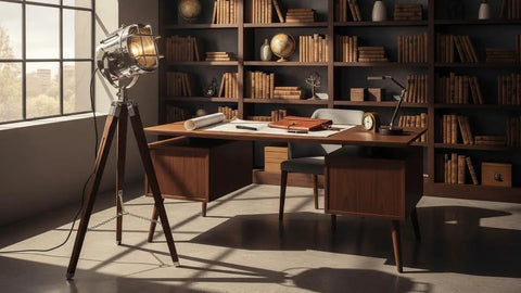 Nautical Style Chrome Spotlight Floor Lamp With Brown Wood Tripod Stand in home office setup, vintage vibe, six inch lamp head