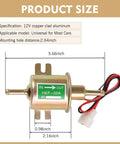 Image showing dimensions of 12V Inline Electric Fuel Pump Low Pressure For Cars Trucks Boats Carburetors Lawn Mowers And Generators Copper Clad Metal Build 3 To 5 PSI Output 80 To 100 LPH Flow Durable Mounting With Six Point Seven Centimeter Spacing And 0.8 Centimeter Inlet Outlet