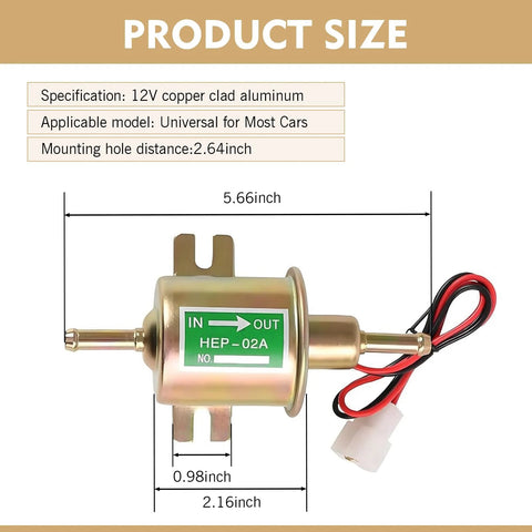 Image showing dimensions of 12V Inline Electric Fuel Pump Low Pressure For Cars Trucks Boats Carburetors Lawn Mowers And Generators Copper Clad Metal Build 3 To 5 PSI Output 80 To 100 LPH Flow Durable Mounting With Six Point Seven Centimeter Spacing And 0.8 Centimeter Inlet Outlet