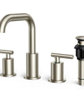 Brushed Nickel 8 Inch Widespread Bathroom Faucet With Two Handles 360 Degree Swivel Pop Up Drain And Hoses For 3 Hole Vanity Restroom RV Lavatory Easy Install