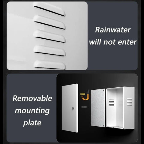 Heavy Duty EV Charger Cover Wall Mounted Rainproof Galvanized Steel Shield showing removable mounting plate and vents.