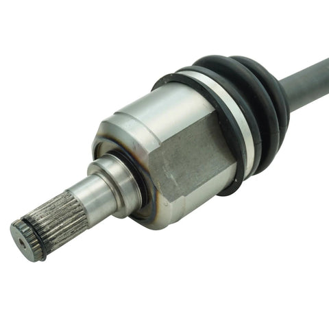 Close-up of a CV axle from Front CV Axle Assemblies And Front Wheel Bearings Kit For 2001 Through 2006 Hyundai Santa Fe Four Piece Replacement Set.
