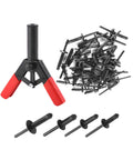 Pro Grade Rivet Gun Quick Set Hand Tool with 40 piece assorted blind rivets shown with four different rivet sizes and red handles.