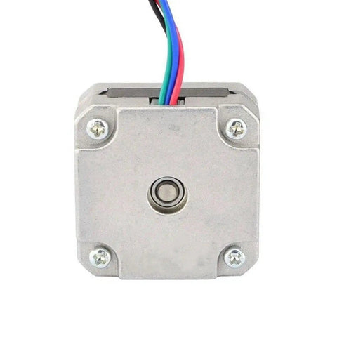 2 Pack Nema 17 Stepper Motors For DIYers And Makers Of 3D Printers And CNC Machines - 1A 13Ncm 42x42x20mm, 4 Wire 2 Phase, 5mm Shaft, Quiet High Torque, Reliable Precision Motion Control For Prototyping And Hobby Projects., front view of 42x42x20mm NEMA 17 stepper motor with 5mm shaft and 4-wire lead