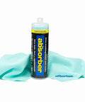 Front view of The Absorber aqua drying chamois cloth for cars, 27x17 inches, with blue logo and packaging.