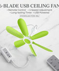 TusaMer Portable Ceiling Fan with Remote, 6-blade USB ceiling fan in green, compact design with remote control and USB power.