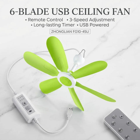 TusaMer Portable Ceiling Fan with Remote, 6-blade USB ceiling fan in green, compact design with remote control and USB power.