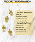 Image showing 0.4mm brass MK8 3D printer nozzle set product information for Ender 3 V2, CR10, with threading details and compatibility list.