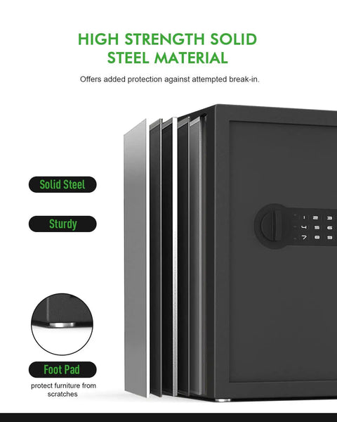 Side view of Biometric Safe Box With Keypad Lock, featuring heavy duty steel material and foot pad protection.