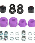 Purple Skateboard Truck Conversion Kit with rubber bushings, joint cups, washers, nuts for improved stability and smooth rides.