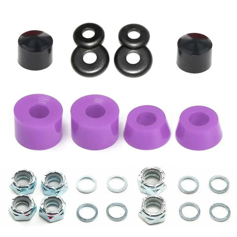 Purple Skateboard Truck Conversion Kit with rubber bushings, joint cups, washers, nuts for improved stability and smooth rides.