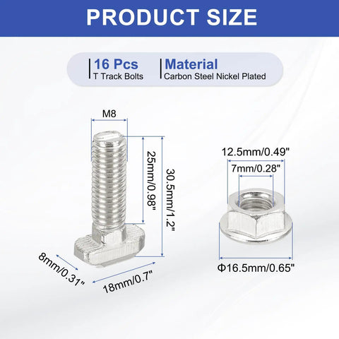 Tough Built M8 X 25Mm Drop In Hammer Head T Slot Bolts With Hex Flange Nuts And T Bolt Studs Ready For 40 Series Aluminum Extrusion Profiles Easy Slide Assembly 16 Piece Kit sizes and dimension chart.