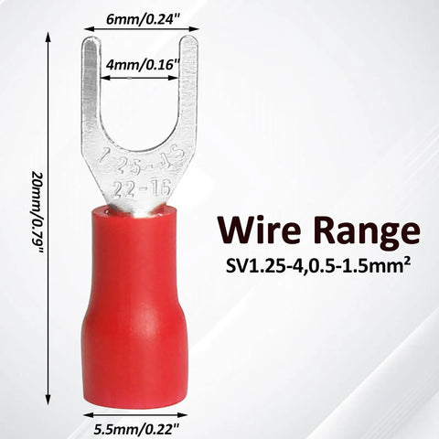 Red 200 Pcs Insulated Fork Spade Wire Connectors 22 To 16 AWG U Type Crimp Terminals with measurements shown