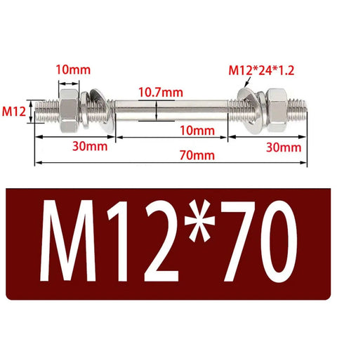 Beefy M12 Double-Ended Threaded Rod Kit In 304 Stainless Steel Through-Wall Bolt Set With Nuts Washers And Spring Washers Includes Two Sets M12x70 Ready To Install, showing detailed dimensions and structure.