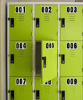 Green lockers with visible 3-inch adhesive numerals from 60 Piece Reflective Address Numbers Set, high visibility, easy install.