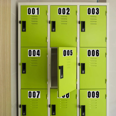 Green lockers with visible 3-inch adhesive numerals from 60 Piece Reflective Address Numbers Set, high visibility, easy install.
