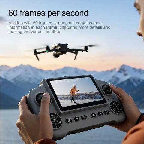 Hands holding 5G screen remote controlling Foldable RC Drone With 1080P Triple HD Camera, 5G FPV Live Video, 360-degree laser obstacle avoidance