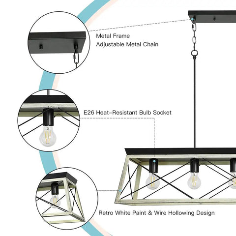 Diagram of Five Light Industrial Kitchen Island Pendant Light Fixture With Oak White Frame, showcasing features and metal frame.