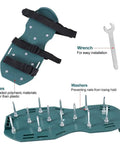 Spiked Lawn Aerator Shoes With Adjustable Straps For Yard And Garden showing spikes, straps, wrench, and washers.