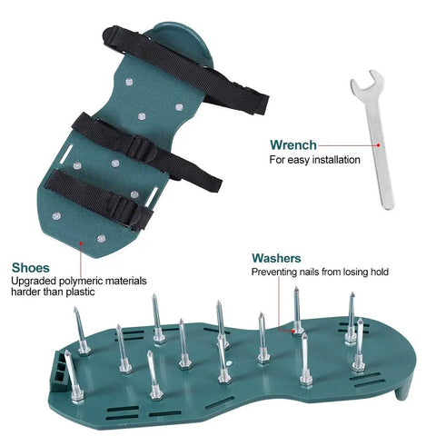 Lawn Aerator Sandals Spiked Shoes For Yard Work, Soil Loosening Garden Tool With 3 Straps and durable iron spikes with wrench