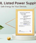 Certificate of compliance for UL Listed 9V AC Power Adapter With 5.5x2.1mm Plug, 6.6ft Cord in wooden frame
