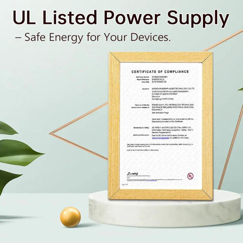 Certificate of compliance for UL Listed 9V AC Power Adapter With 5.5x2.1mm Plug, 6.6ft Cord in wooden frame