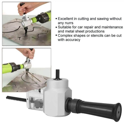 All In One Heavy Duty Dual Head Nibbler And Cutter Drill Attachment in use, cutting thin metal sheet, showcasing dual head feature.