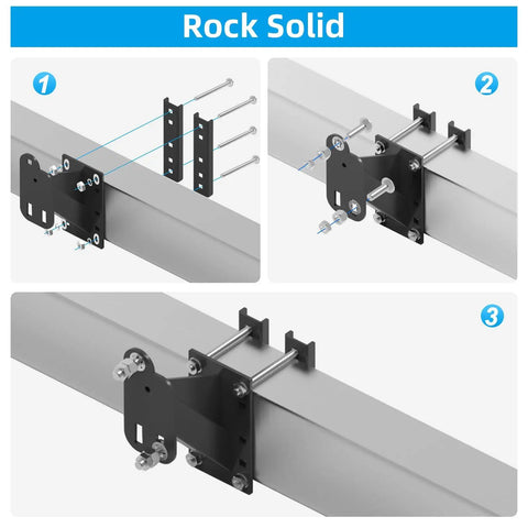 Installation steps of Heavy-Duty Spare Tire Mount Bracket for Trailers on a metal frame.