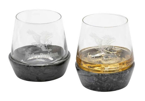 Swooping Eagle Stone Base Double Old Fashion Glass Set 12 Oz Set Of Two With Removable Granite Coasters Etched Eagle