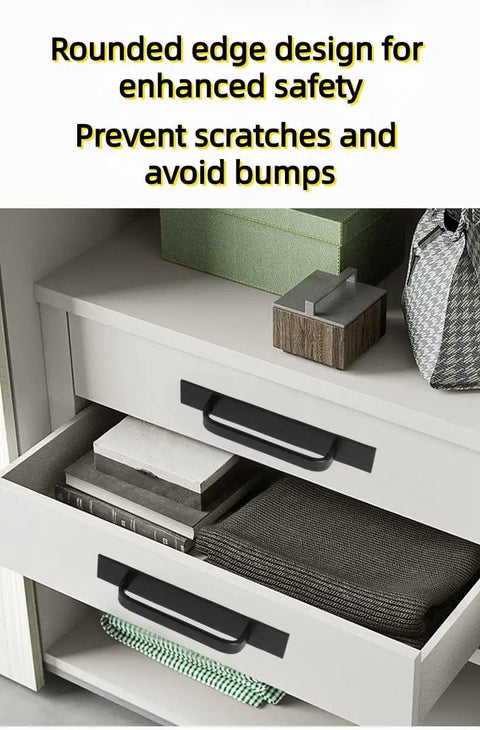 Adhesive Cabinet Handles Self Stick Drawer Pulls Black Zinc Alloy No Drill Required For Kitchen Cabinets Drawers Refrigerators Windows And Sliding Doors 8.25 Inch Length Anti Fingerprint Coating Resists Smudges And Water Stains, shown on white drawers
