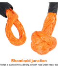 38,000 Lbs Synthetic Fiber Soft Shackle showing rhomboid junction and protective sleeve, ideal for vehicle recovery and off-road towing